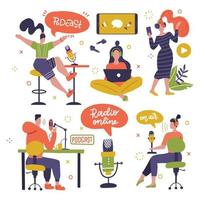 Podcast recording and listening set. People making online radio stream content and listening with headphones. Isolated flat vector illustration. Speach bubble with lettering