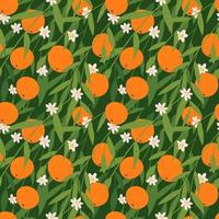 Orange fruit seamless pattern in flat style. Blooming citrus branch design. Unpicked Fruit flat vector illustration for fabric or wallpaper design.