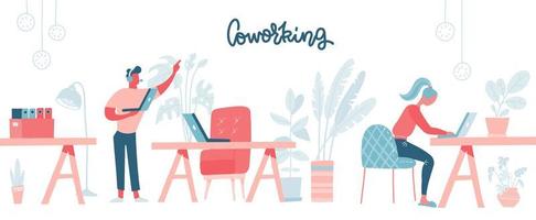 Coworking space with busy people walking and sitting at the table. Comfortable furniture. Business team working, using laptops. Flat design style vector illustration.