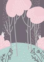 Childish abstract forest landscape with pink leaves crown, the trunks of the trees as background. Cute nature background with rabbits. color vector illustration isolated flat hand drawn style