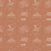 Hand drawn linear seamless pattern - hand drawn Japan food soba print. Line art with cardboard boxes and bowls. Endless vector illustration. Sketchy backdrop with japanese cuisine - Buckwheat noodles.