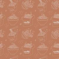 Hand drawn linear seamless pattern - hand drawn Japan food soba print. Line art with cardboard boxes and bowls. Endless vector illustration. Sketchy backdrop with japanese cuisine - Buckwheat noodles.