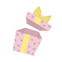 Opened Surprise Gift box with ribbon, bow. Open present box for Sale banner or Birthday card. Magic package concept. Vector flat illustration.