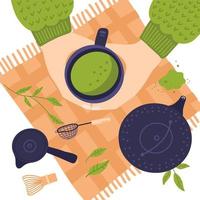 vista superior de las manos con una taza de té matcha. composición plana con diferentes elementos. ilustración vectorial vector