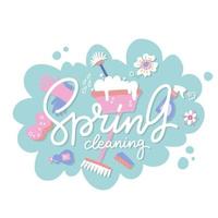 Soap bubbles frame isolated on white background, flat hand drawn cartoon style. Spring cleaning concept with home cleanup tools and flowers. Vector illustration