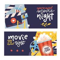 Cinema cartoon horizontal banners set with cinema night symbols. Flat vector hand drawn illustration with lettering quotes.