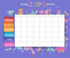 Template school timetable for students or pupils with days of week and free spaces for notes. Illustration includes many hand drawn elements of dino hand drawn characters with color volume stickers vector