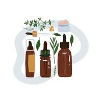 Flatlay Composition with leaf and natural organic cosmetic products in bottles, tubes and jars for skin care , and handmade creame with plants and herbs. Skincare routine set. Flat vector illustration