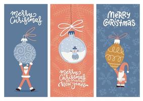 feliz colección de diseño de tarjetas de felicitación navideñas con escenas festivas en colores pastel con adornos de árboles de navidad y texto sobre un fondo de copos de nieve. ilustración vectorial plana. pancartas verticales. vector