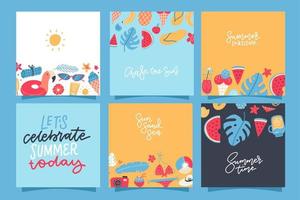 conjunto de tarjetas cuadradas de verano creativas. cartel, afiche, volante con piña, sandía, limón, helado, hojas de palma, cócteles y citas con letras. ilustración de vector plano dibujado a mano