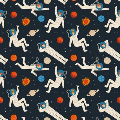 Flat cartoon seamless pattern with cosmos elements - galaxy, astronaut, stars,, moon and planets. Vector hand drawn illustration.