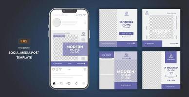 paquete de publicaciones en redes sociales de bienes raíces, publicación moderna en redes sociales de bienes raíces, uso fácil de editar, color muy peri del año vector