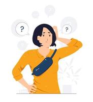 Questioned, thinking, and confused with question mark looking up with thoughtful focused expression concept illustration vector