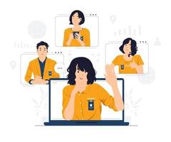 Business video call conference, telecommuting, Webinar, using laptop talk to colleagues, online learning and remote working concept illustration vector