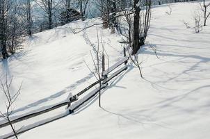 snow-capped fence countryside winter sunny landscape photo