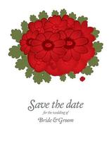 Save the date wedding invite card template with red flowers. vector