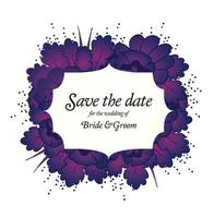 tarjeta de invitación de boda con flores de color púrpura. vector