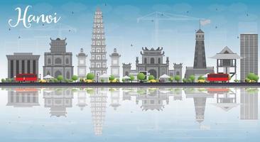 Hanoi skyline with grey Landmarks, blue sky and reflections. vector