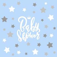 plantilla de tarjeta de invitación de baby shower. Letras de vector de caligrafía clásica. fondo azul con decoración de estrellas plateadas.