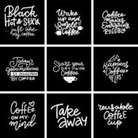 Set of Coffee lettering with quotes for prints and posters, menu design, invitation and greeting cards. Textured concepts on black chalkboard. vector