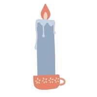 Tall burning candle in a candlestick in the form of a small cup. Hyge winter attribute for Christmas print. Freehand isolated element. Vector flat Illustration. Only 5 colors - Easy to recolor.