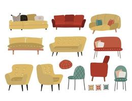 Scandinavian style set of different cushioned furniture - soca, couch, armchair, chair and ottoman. Many types of armchairs sofas for living room in modern style. Flat vector hand drawn illustration.