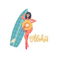 Beautiful girl making photo with hat and surf board. Summer vacation banner concept with lettering text - Aloha. Woman in swimsuit. Vector flat hand drawn Illustration