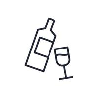 elegante icono de línea delgada de una botella de vino y una copa sobre un fondo blanco - vector