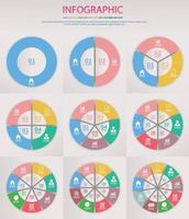 conjunto de círculos infográficos vectoriales. concepto de negocio con 2,3,4,5,6,7,8,9 opciones, pasos o procesos. vector