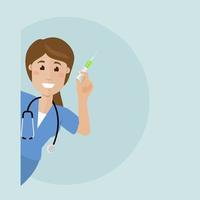 Nurse holds antibiotic syringe in her right hand.  Woman looking around the corner. Vector flat illustration.