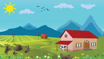 ilustración de fondo del pueblo, pueblo rodeado de montañas, cultivo, cuervo, cielo, nubes, sol, rocas, cabaña. vector