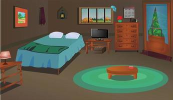 habitación de pueblo interior con cama acogedora, muebles, etc., fondo de dibujos animados de ilustración vectorial. vector