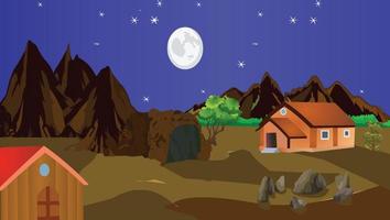 ilustración de fondo de la noche del pueblo, pueblo rodeado de montañas, cueva, cuervo, cielo, nubes, luna, rocas, cabaña. vector
