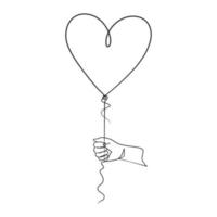 Continuous line drawing of hand holding heart balloon vector