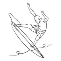 dibujo de línea continua de un surfista con una tabla de surf vector