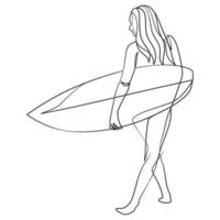 dibujo de línea continua de una chica surfista con una tabla de surf vector