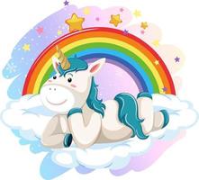 unicornio azul acostado en una nube con arco iris vector