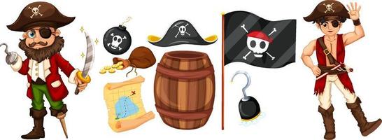 Set of pirate cartoon characters and objects vector