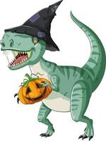 Tyrannosaurus rex dinosaur holding pumpkin in cartoon style vector