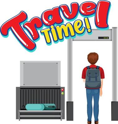 Travel Time typography design with passenger in cartoon style