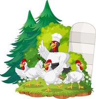 An isolated scene with a group of chickens in cartoon style vector