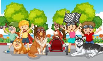 Outdoor scene with children and many cute dogs vector