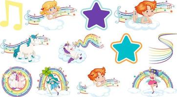 Set of fantasy fairies and cupids with rainbow elements vector