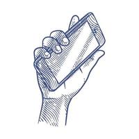 Hand holding smart phone in engraving style vector