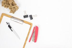 work desk complete with equipment isolated on white background photo