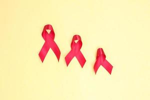 red ribbon symbol against HIV isolated on yellow background photo