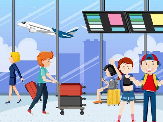 Tourists in airport terminal in cartoon style