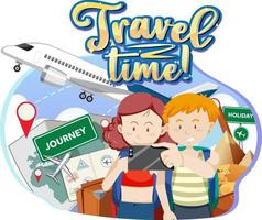 Travel Time typography logo with travelers couple vector