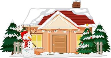 Snow covered house with Christmas light string vector