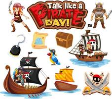 Set of pirate cartoon characters and objects vector